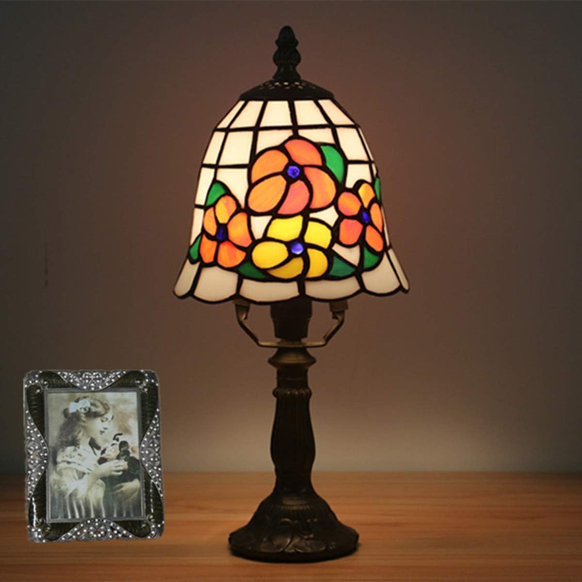 6-Inch Tiffany Style Cute Kids Table Lamp Vintage Floral Mini Night Light Handmade Stained Glass Bedside Desk Lamp for Bedroom Living Room,Floral