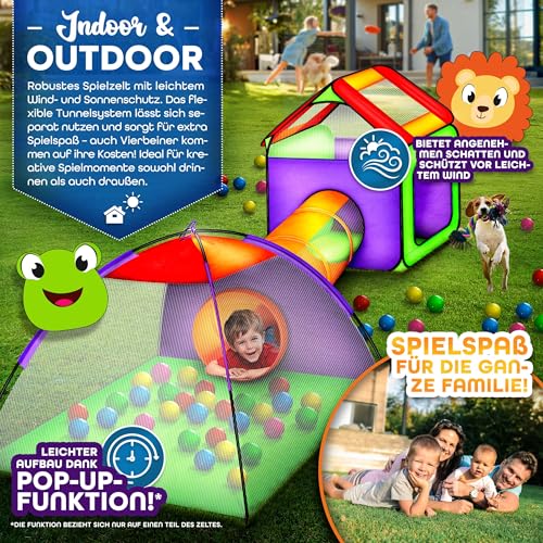 KIDUKU Kinderspielzelt Bällebad Pop Up Spielzelt Iglu Spielhaus + Krabbeltunnel + 200 Bälle + Tasche, für drinnen und draußen