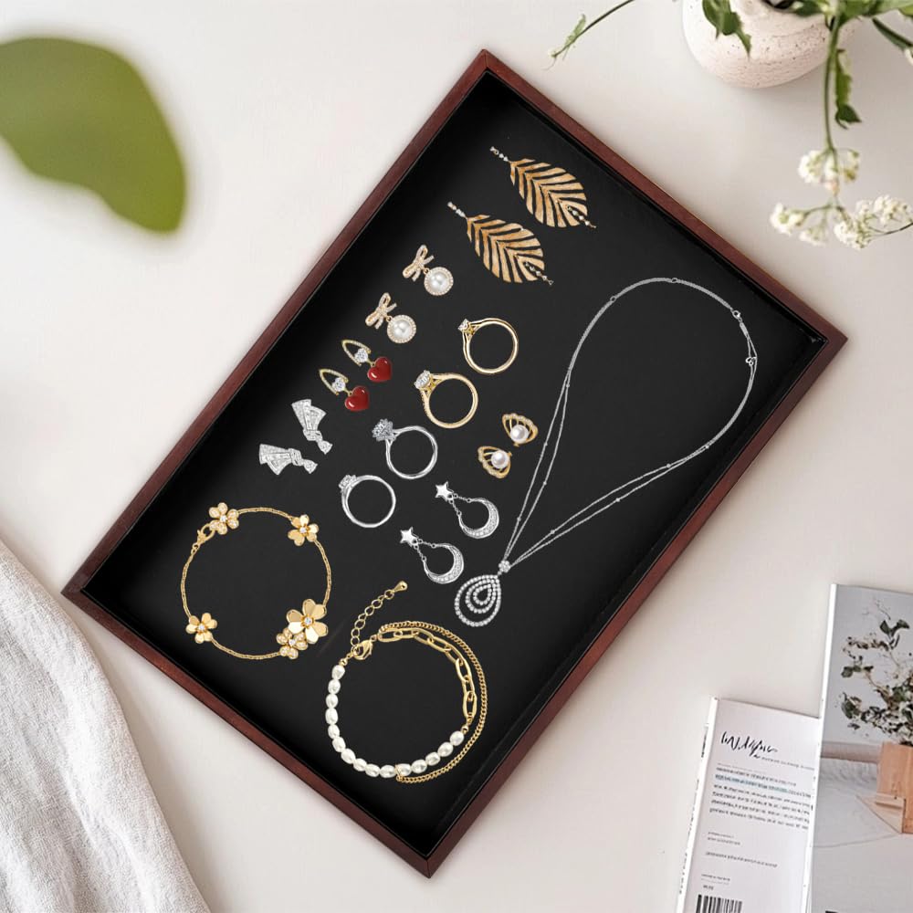 2 Pièces Plateau à Bijoux en Bois 35x24x3cm Plateau de Presentation Bijoux Empilable Organisateur de Bijoux Plat Bois pour Ranger et Exposer Anneaux,Colliers,Bracelets