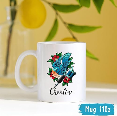 Miniatura 4 de Taza de artista de tatuaje floral, taza de café personalizada para tatuajes, taza de tatuaje personalizada con nombre regalo para amantes del