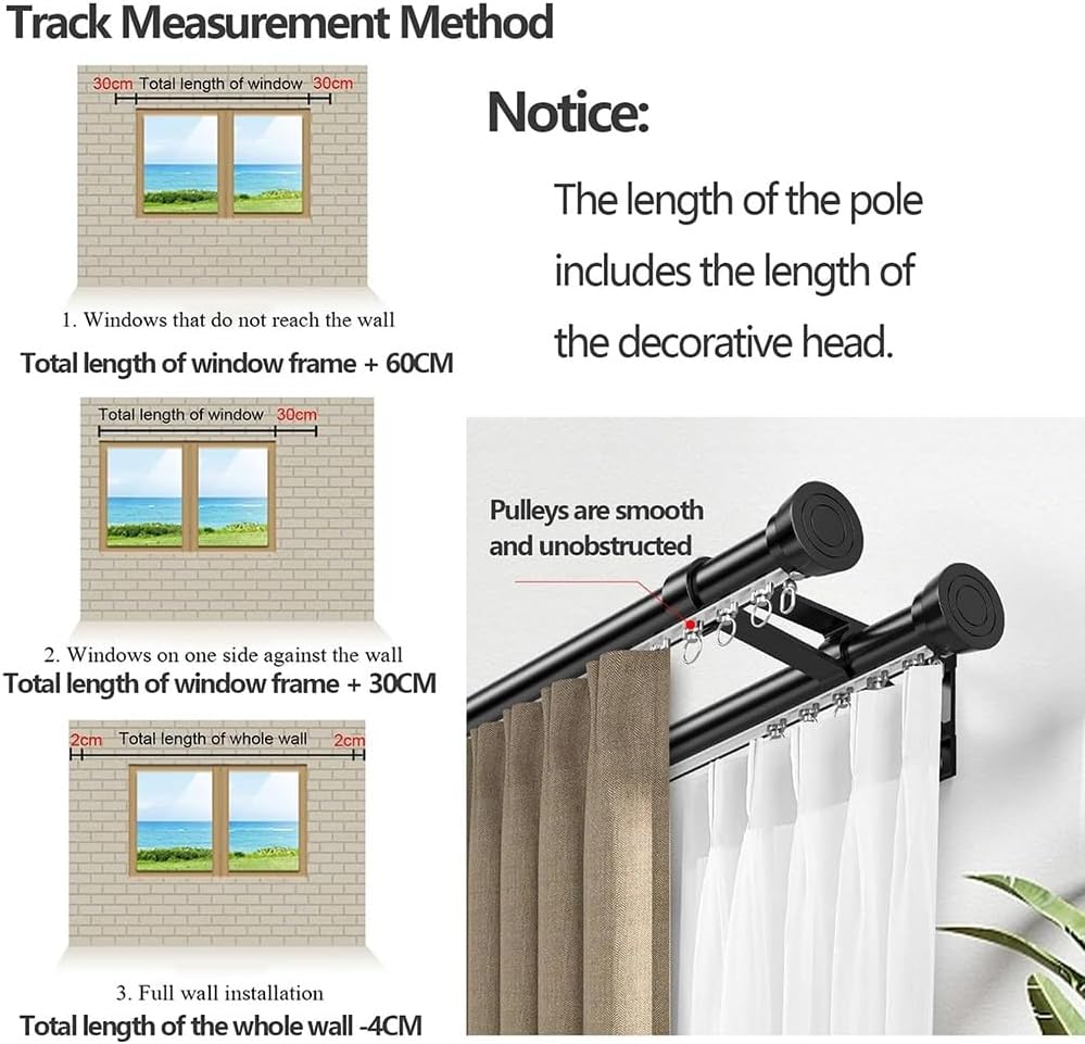 Heavy-Duty Black Aluminum Double Curtain Rods 1m-6m Wall-Mounted Drapery Track for Sliding Curtains - 3.6m Ideal for Home Decor and Window Treatment.