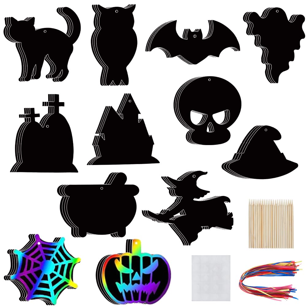 CRASPIRE 12 Styles Halloween Scratch Paper 48pcs Pumpkin Spider Black Cat Owl Skull Ghost Rainbow Scratch Art Cards Creative Holiday for Fun Party Supplies DIY Craft Pendant Kit Set With Ribbon Sticks