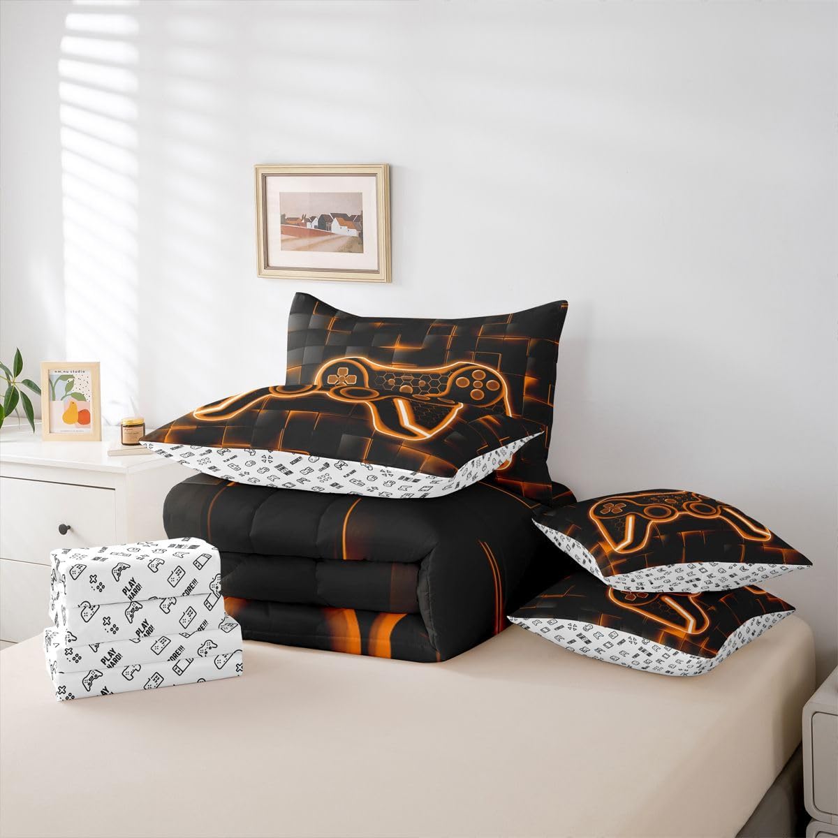 Feelyou Kids Gamer Queen Comforter Set with Sheets 7 Piece Orange and Black Bedding Set for Boys Teens Decor Gaming Ombre Bed in a Bag Geometric Square Bed Set image 5