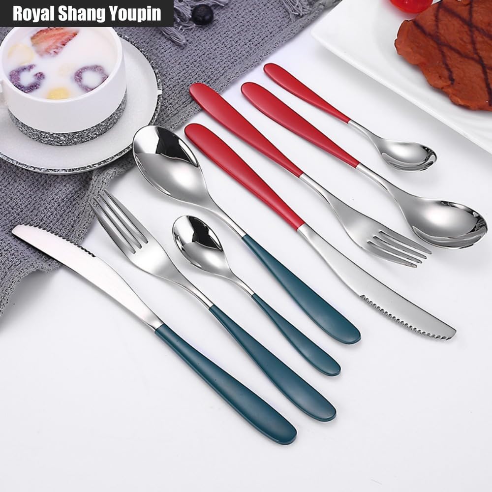 Manico Ispessente Cucina Posate in Acciaio Inossidabile Stoviglie Posate Set Di Posate Coltello Da Bistecca Forchetta Cucchiaio Cucchiaino (Verde Argento,16 pezzi)