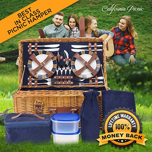 Picnic Basket Set Deluxe | Marshall Collection | 4 Person Coffee Service Set | Picnic Hamper Set Waterproof Picnic Blanket Ceramic Plates Metal Flatware Wine Glasses Bottle Opener | Vacuum Flask