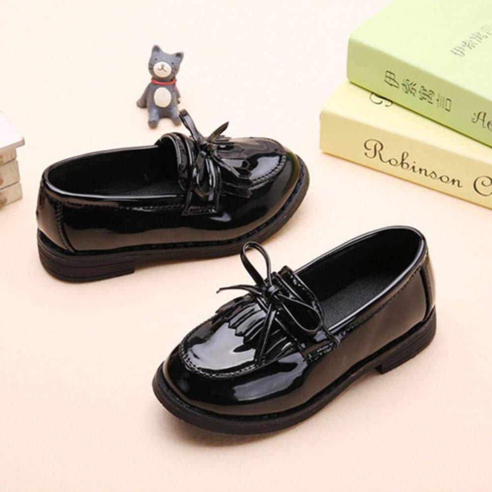 Mocassins Fille Cuir Vernis Bout Ronde Talon Plate Chaussures de Ville Ecole Franges Oxford Noir Bordeaux Argent