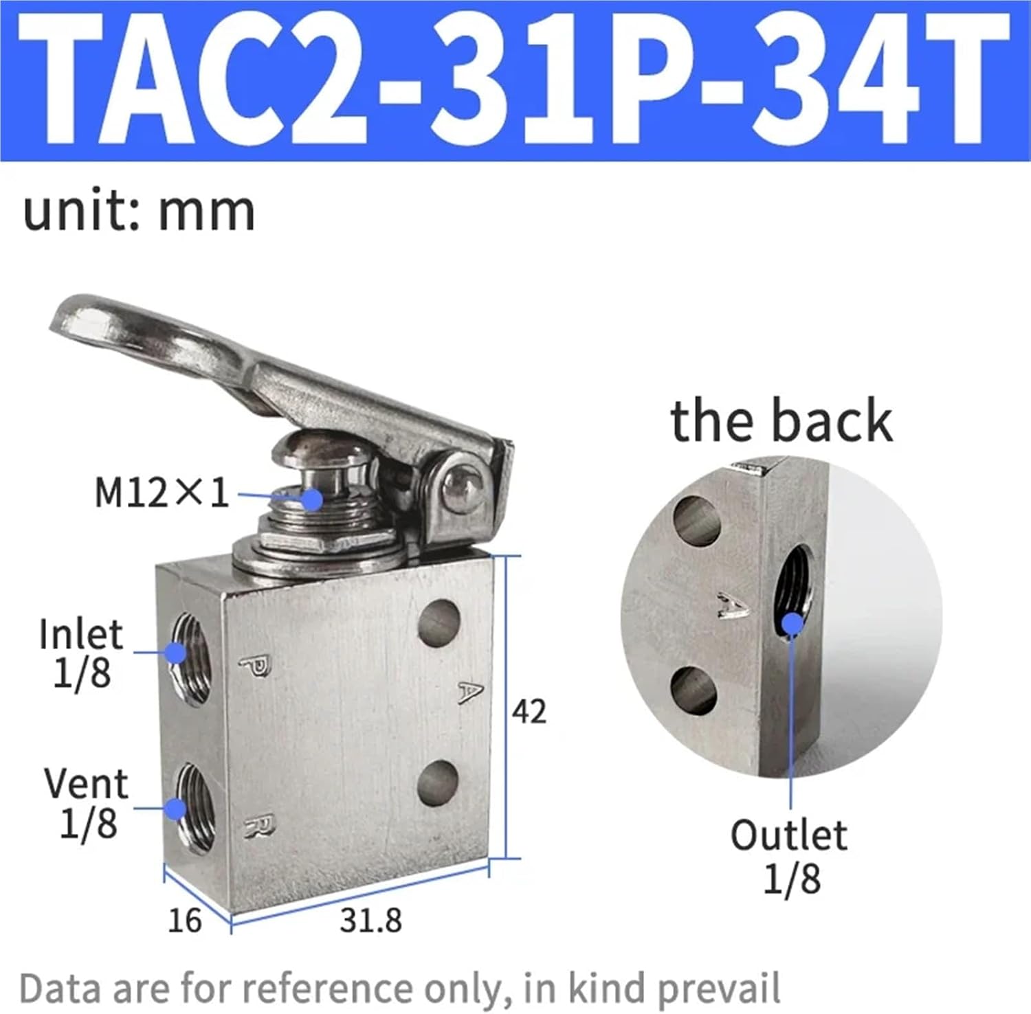 Air Pneumatic Mechanical Valve, 2 Position 5 Way Toggle Button Switch TAC2-41V, 1pc(TAC2-31P-34T)