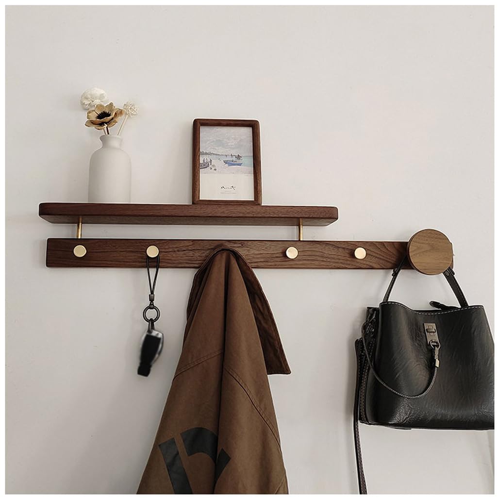 ZHOUXIAO Solid Wood Coat Rack with Shelf Wall Mount, Walnut Wood Coat Hooks Hanger 70cm