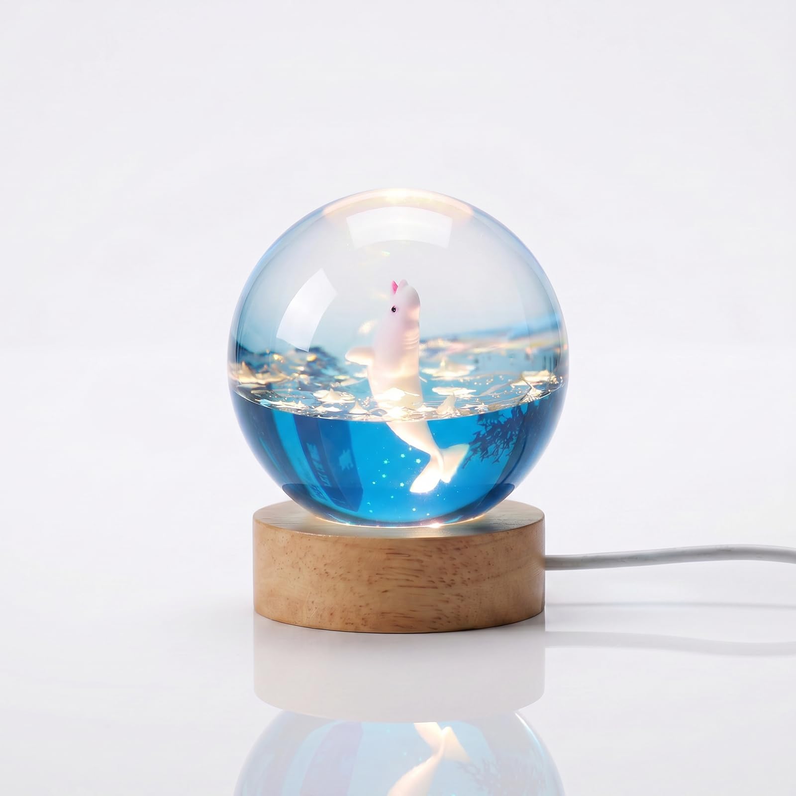 VISIOLEX Ocean Life Resin Crystal Ball Night Light with Wooden Base – 3D Manta Ray, Orca, Beluga, Humpback Whale – USB Powered Decorative Lamp for Bedroom, Home Decor & Gift Giving (Beluga Whale)