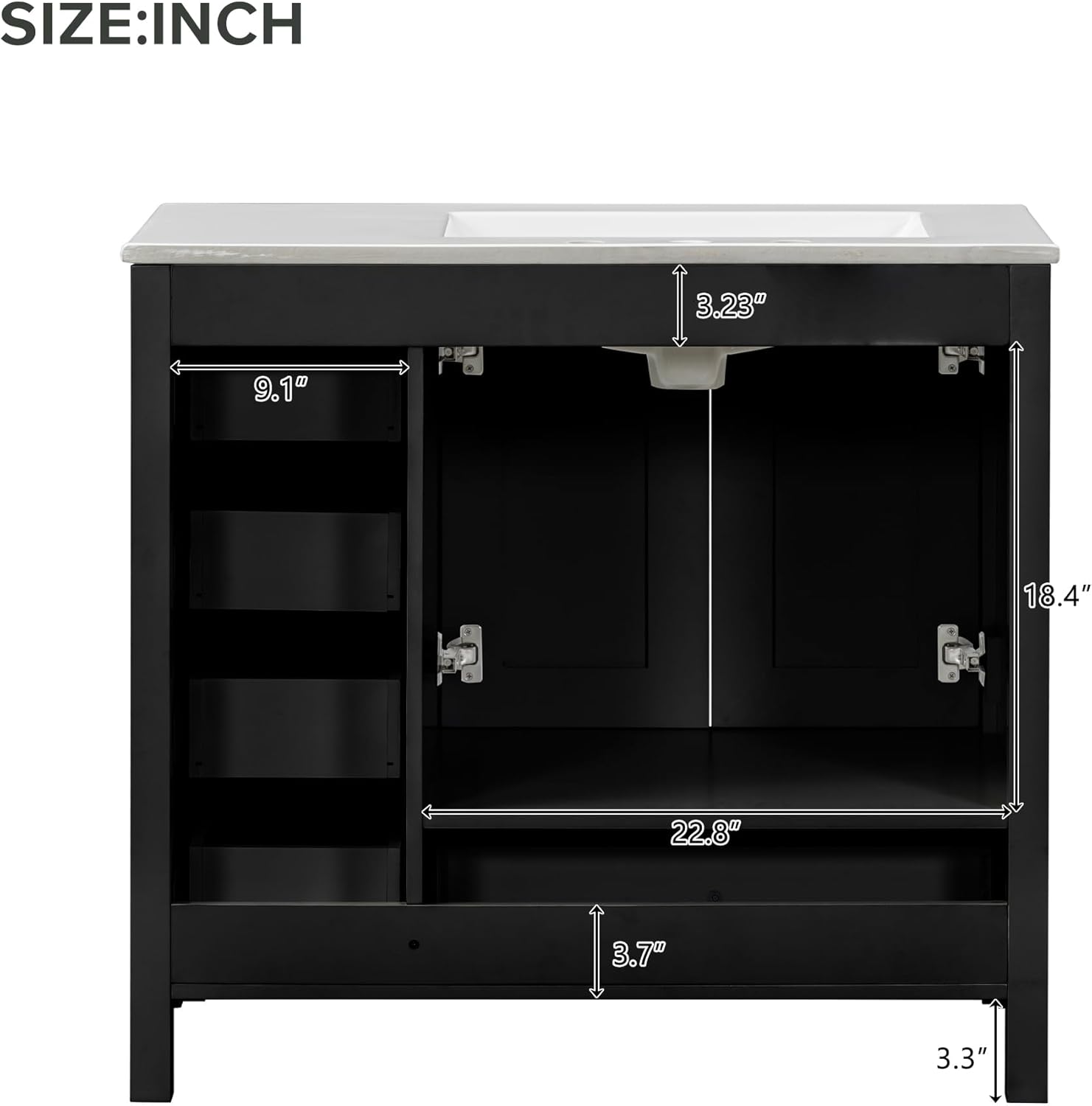 LUMISOL 36" Bathroom Vanity with Sink, Freestanding Bathroom Vanity with 5 Drawers & 2 Doors, Solid Wood Bathroom Storage Cabinet with Ceramic Offset Basin, Black