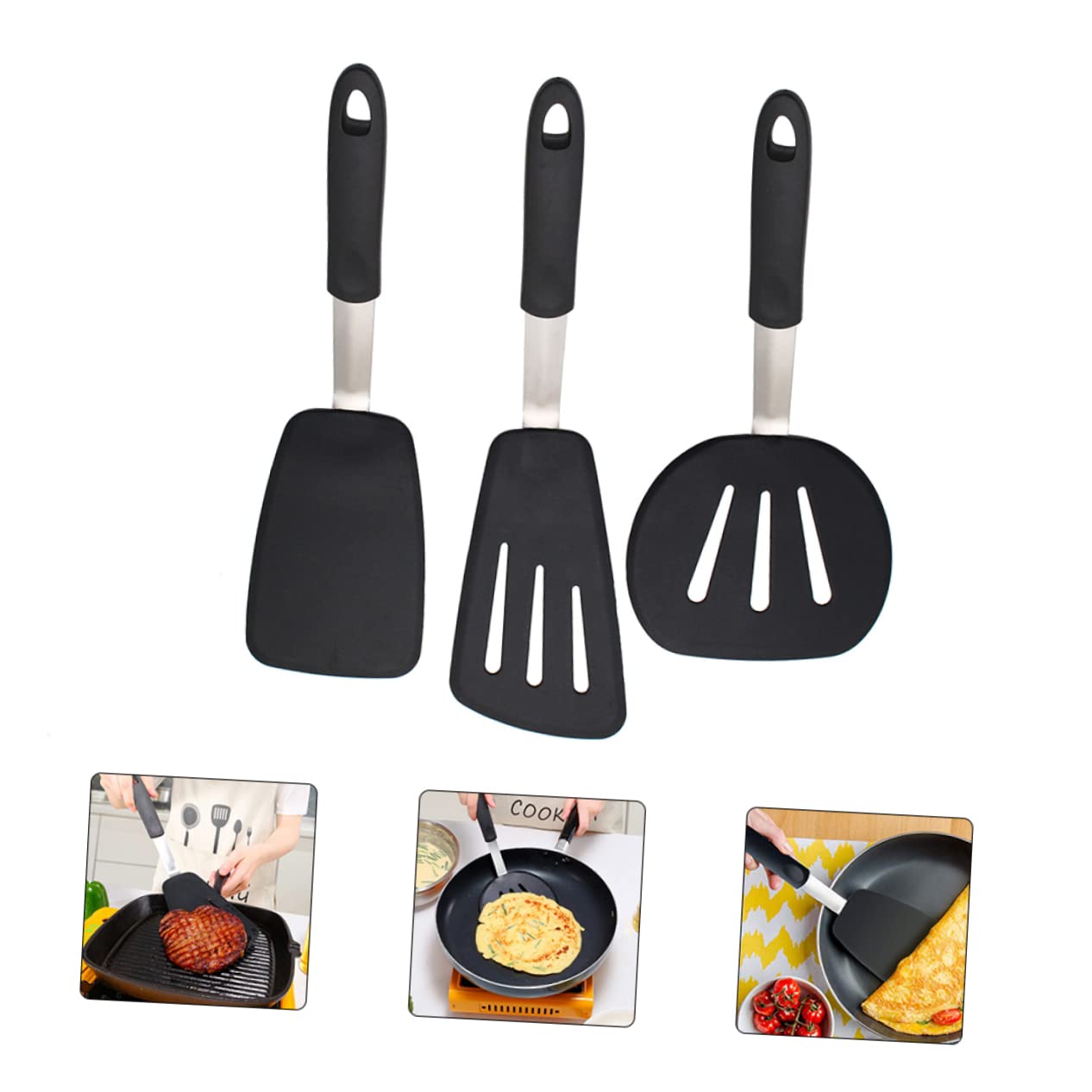 Set di 3 Spatole in Silicone Nero per Cucina e Bistecca