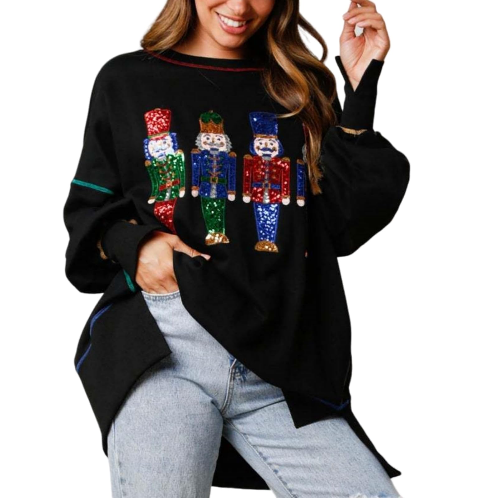 NECHARIMerry Christmas Santa Hoodies Funny Cute Sequin Graphic Sweatshirt Vintage Retro Casual Oversized Jackets