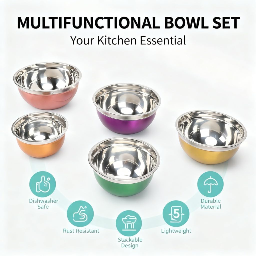 Stainless Steel Bowls with Lids, 5 Pieces Mixing and Baking Bowl Set for Fruit Salad and Egg Preparation - Durable Thickened Design, Versatile Kitchen Use for Cooking and Serving