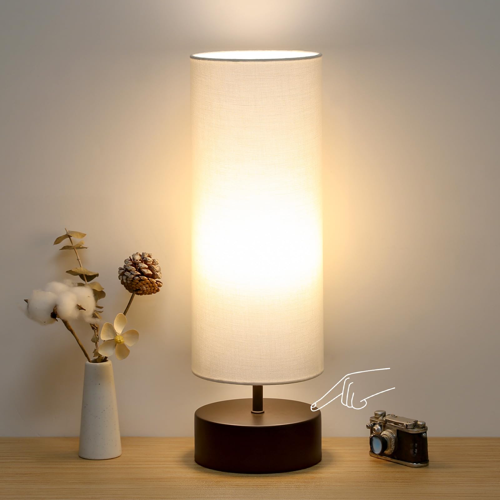 3 Way Dimmable Touch Control Table Lamp, Bedside Table Lamp with Dark Brown Base, Modern Nightstand Lamp with Beige Shade, Simple Night Light for