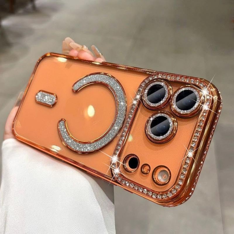 Image of DIZORO Compatible with (iPhone 17 Pro Max Case) Clear Luxury Diamond Glitter Case |Camera Lens Protector with Glitter Ring | Premium Shockproof Glossy Shiny Back Cover Case for Girls Women -Orange