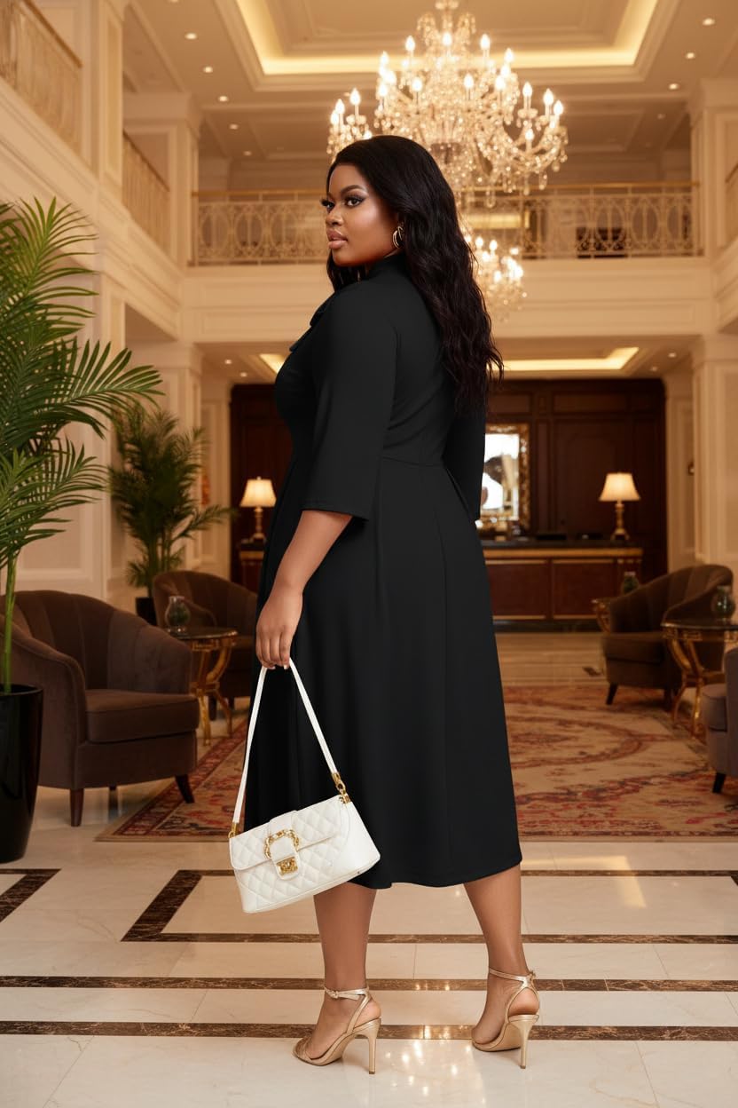 FANDEE Midi Dress for Women Casual 3/4 Sleeve Semi Formal Fit and Flare Dress Classy Tie Neck Work Business Dresses - Image 7