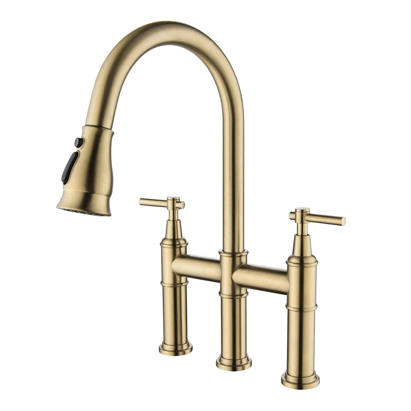 Kitchen Faucet, Brushed Gold Bridge Faucet with Pull Down Sprayer,Brass 3 Hole Sink