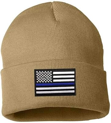 Thin Blue Line Flag Knit Beanie Hat for Winter (Tan)