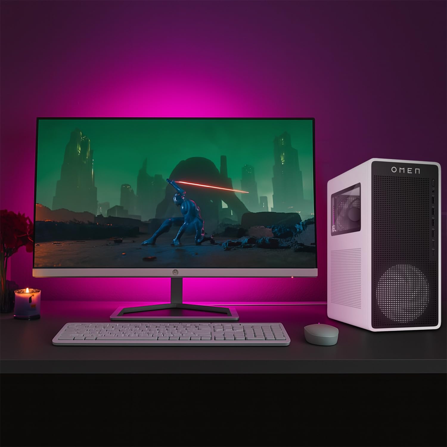 HP Omen 16L TG03 Gaming Desktop PC, Intel Ultra 7 265F, RTX 5060 GPU, 32GB DDR5 RAM, 1TB NVMe SSD, OMEN Hub, Thunderobot Gaming Keyboard Bundle, Black