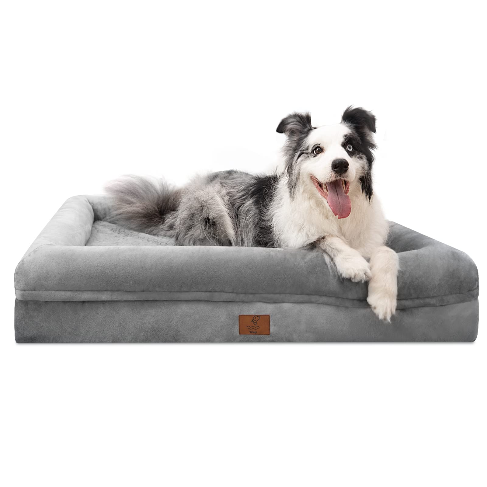 Yiruka Large Dog Bed, Grey Orthopedic Dog Bed, Waterproof Dog Bed with Removable Cover, 4-Sides Removable Bolster Dog Soft Sofa Bed with Nonskid Bottom, Washable Dog Beds for Large Dogs