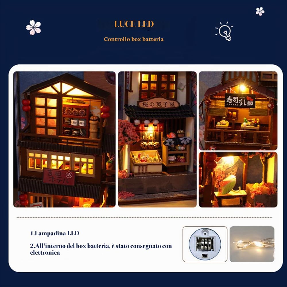 Kit per libri fai da te, puzzle 3D in legno, casa con luci a LED e mobili, casa delle bambole in miniatura, kit per modellini da costruire (vicolo di ciliegio)