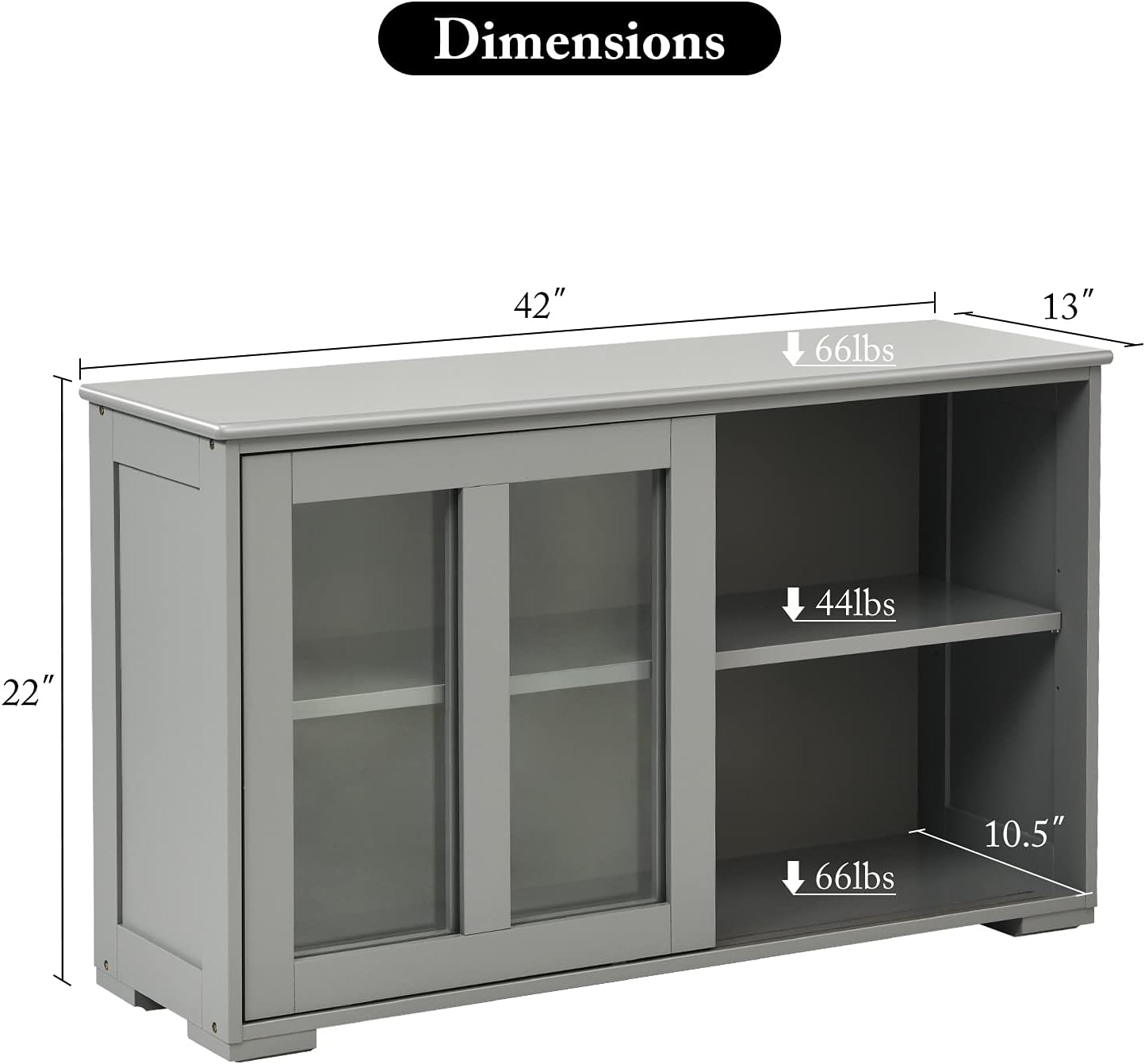Stackable Buffet Cabinet, Modern Kitchen Sideboard w/Sliding Tempered Glass Door, Cupboard w/Adjustable Shelf, Bathroom Floor Cabinet, Buffet Table Coffee Bar Cabinet (Grey)