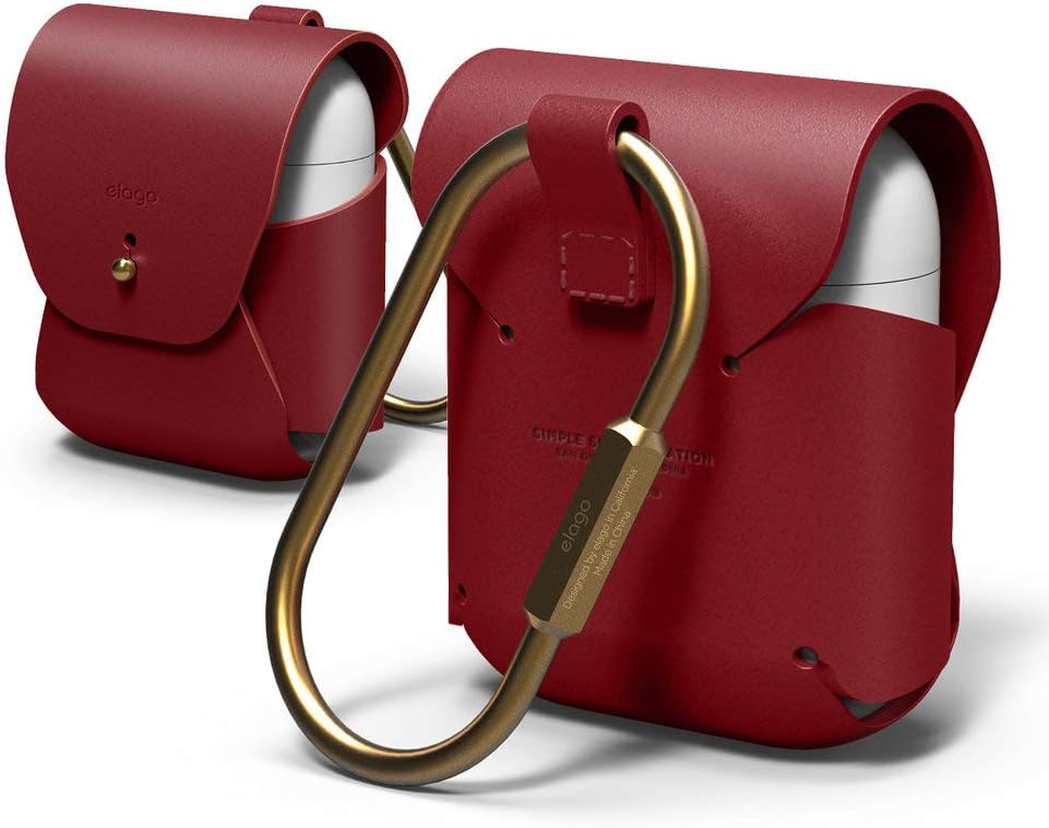 elago Genuine Leather Case Compatible with AirPods 1 Case and Compatible with AirPods 2 Case, Natural Cowhide Leather Case with Brass Ring Holder, Supports Wireless Charging [Red]