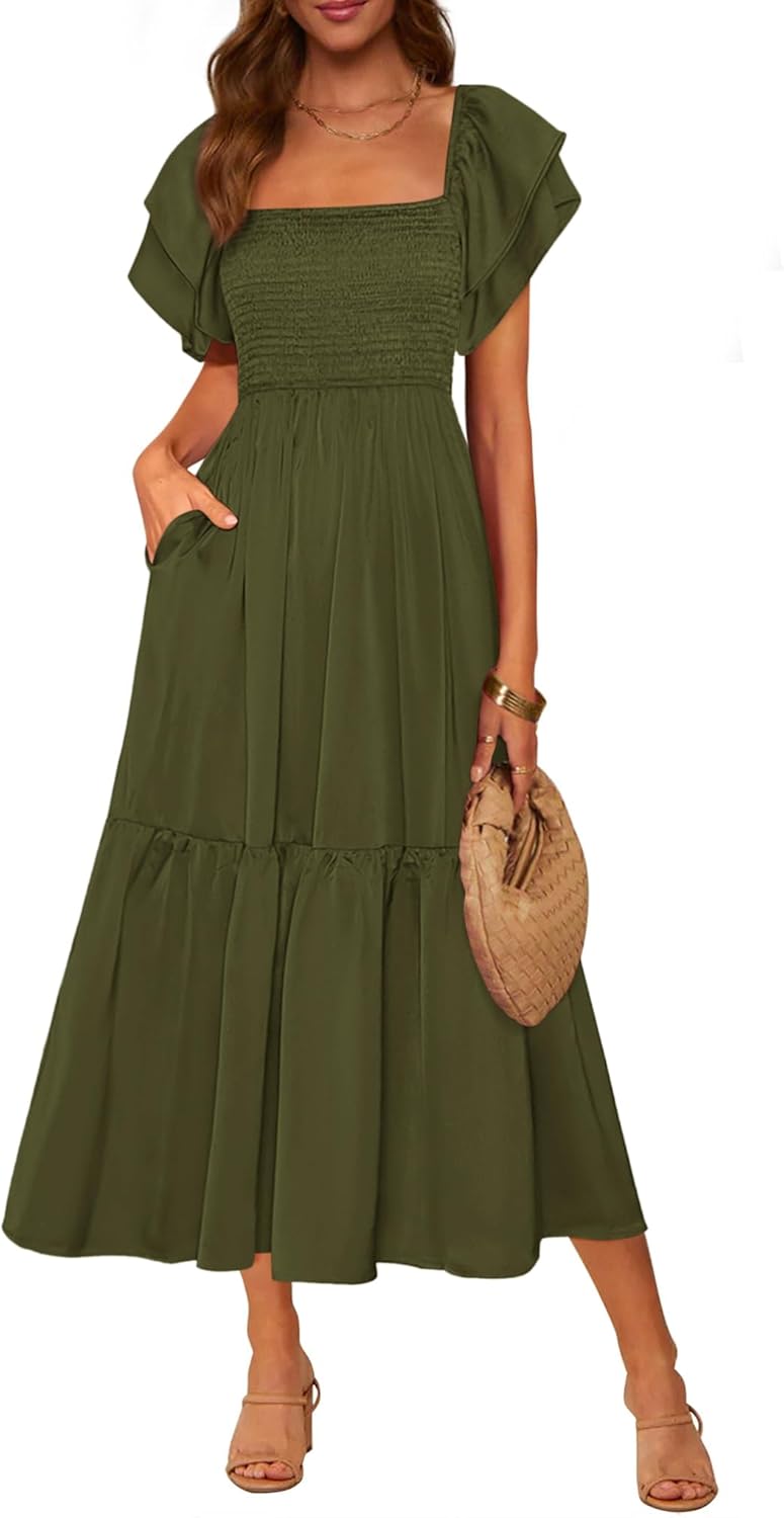 MASCOMODA Womens Summer Casual Midi Dress Square Neck Ruffle Short Sleeve Smocked High Waist A Line Wedding Guest Dresses