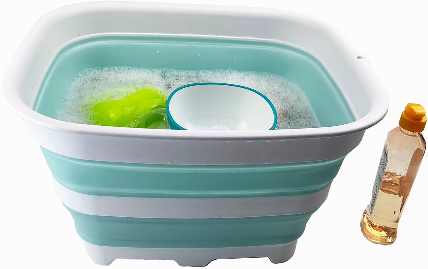 SAMMART 15L (3.9 Gallon) Collapsible Dishpan with Draining Plug - Foldable Washing Basin - Dish Washing Tub - Washing Up Bowl - Space Saving Kitchen Storage Tray (2, Grey+Lake Green (Set of 2))