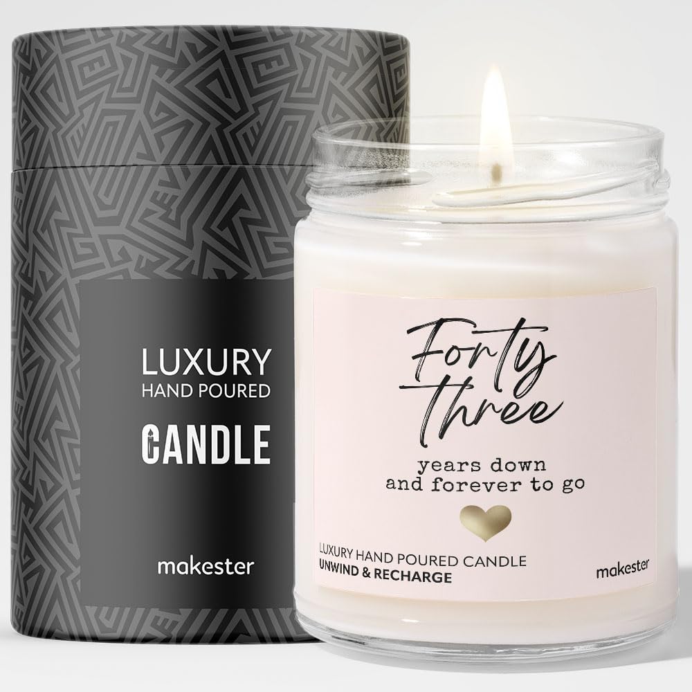 43rd Wedding Anniversary Candle Gift - Luxury Soy Wax - Vanilla, Jasmine, Sugared Almond - Makester — image 1