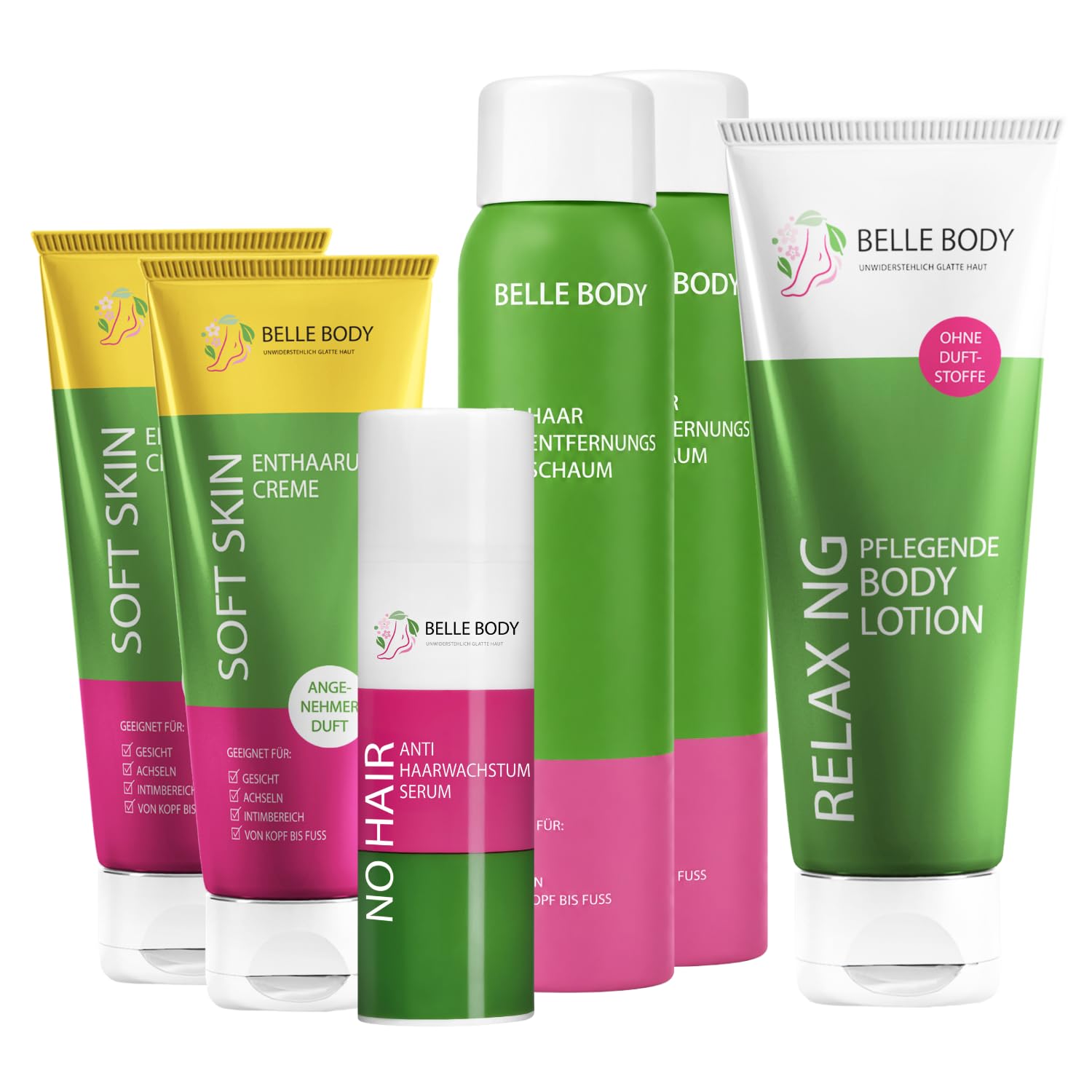 Belle Body Haarentfernung Komplett Set – 2x Schaum + 2x Creme + Anti-Haarwachstums-Serum – Vegan, effektiv & sanft zur Haut
