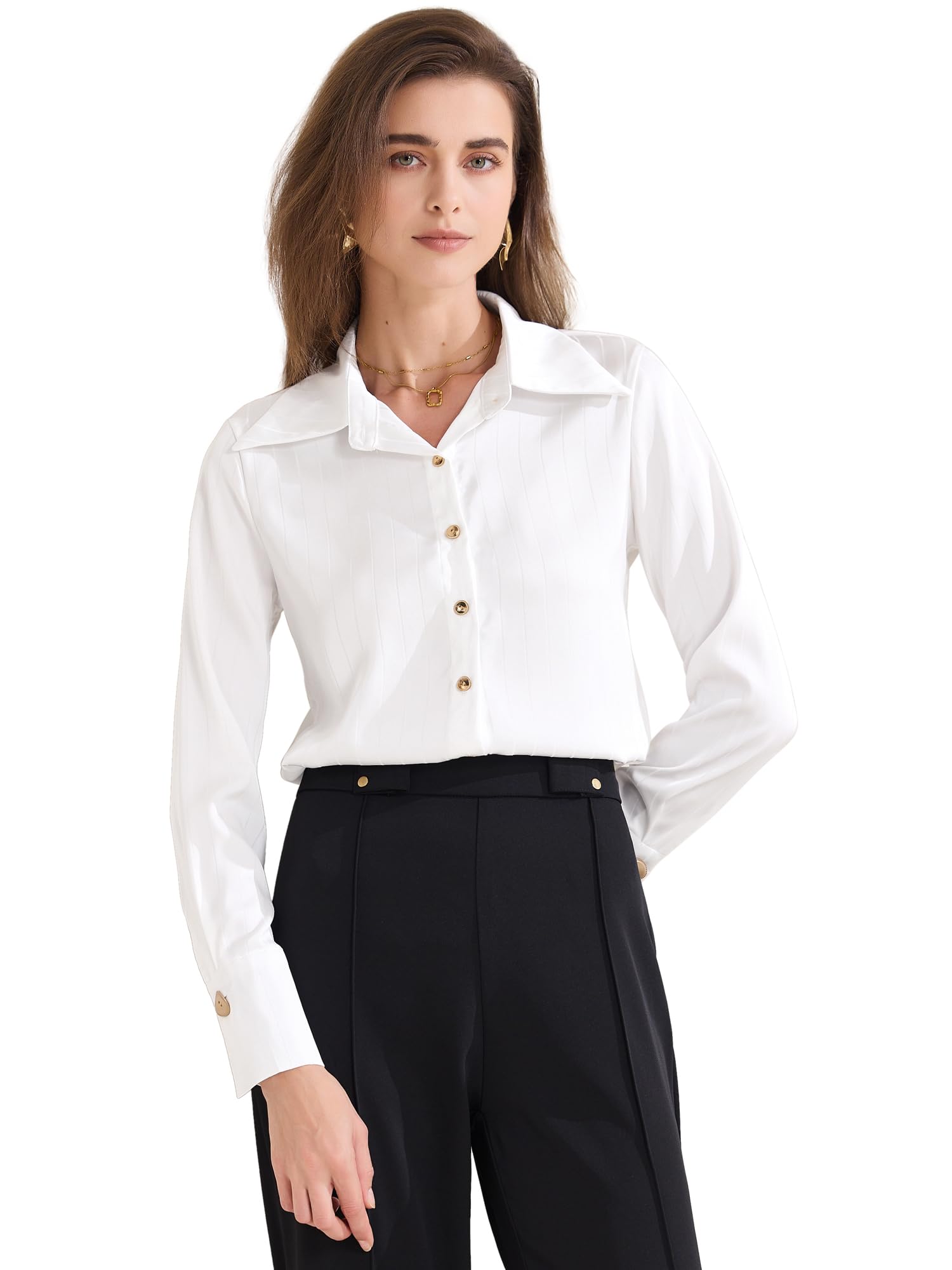 Allegra K Chemisier en satin à manches longues et col pointu pour femme