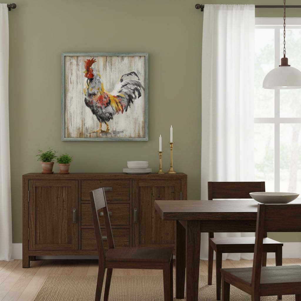 Rustic Wall Art Farmhouse Picture: Chicken Wooden Framed Print Rooster Farm Kitchen Painting Decor Vintage Country Animal Artwork for Home Living Room Bedroom 24 x 24 Inches