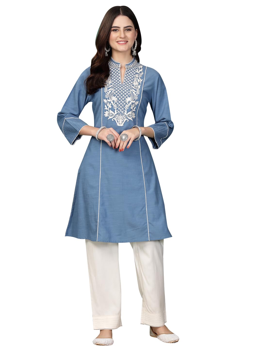 nayam by lakshita Blue Floral Embroidered Panelled A-line Kurta with Palazzo for Women-picture-38