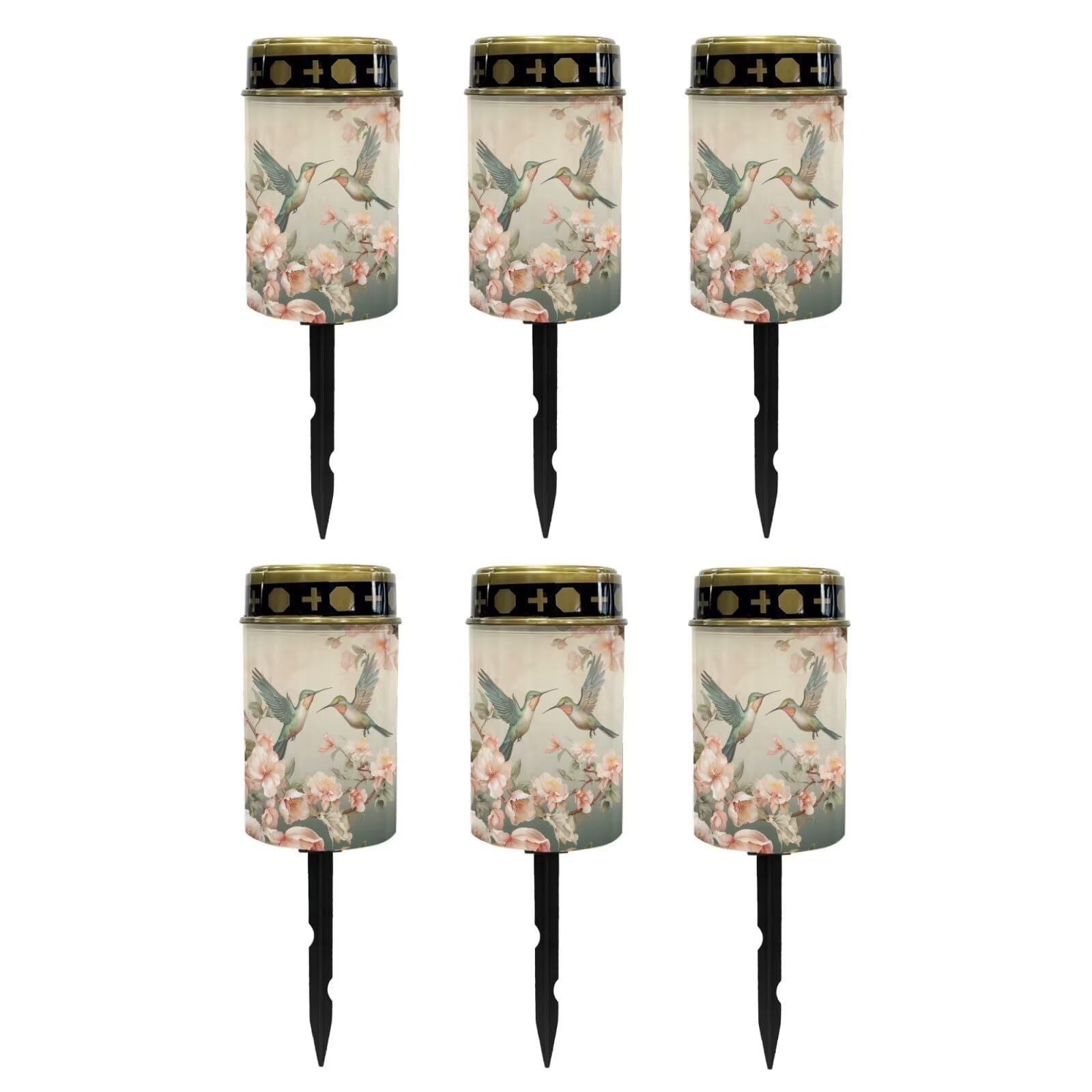 Poceacles Solar Lights Outdoor Grave Solar Lights for Cemetery Decoration Solar Outdoor Lights Cemetery Solar Lamp for Garden Lawn Backyard Pathway Decor, Hummingbird Flower Beige, Pack of 6