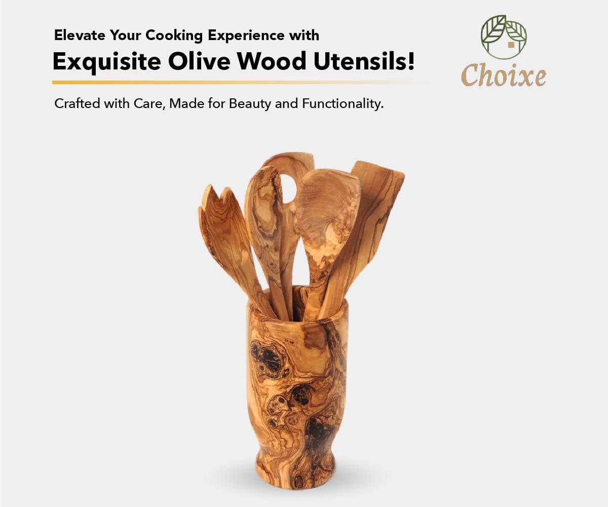 Choixe. Olive Wood Kitchen Servers Set with Holder -6 Pcs. Kitchen Utensils Set with Holder. Made of Authentic Mediterranean Olive Wood. Handcrafted.