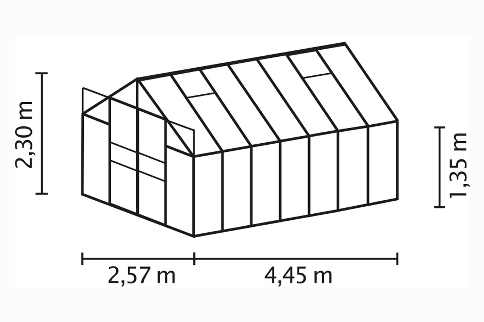 Vitavia Gewächshaus Mars - Ausführung: 11500 HKP 4 mm Dunkelgrau, Fläche: ca. 11,5 m², Fenster: 2, Maße: 257 x 445 cm, Sockelmaß: 255 x 441 cm