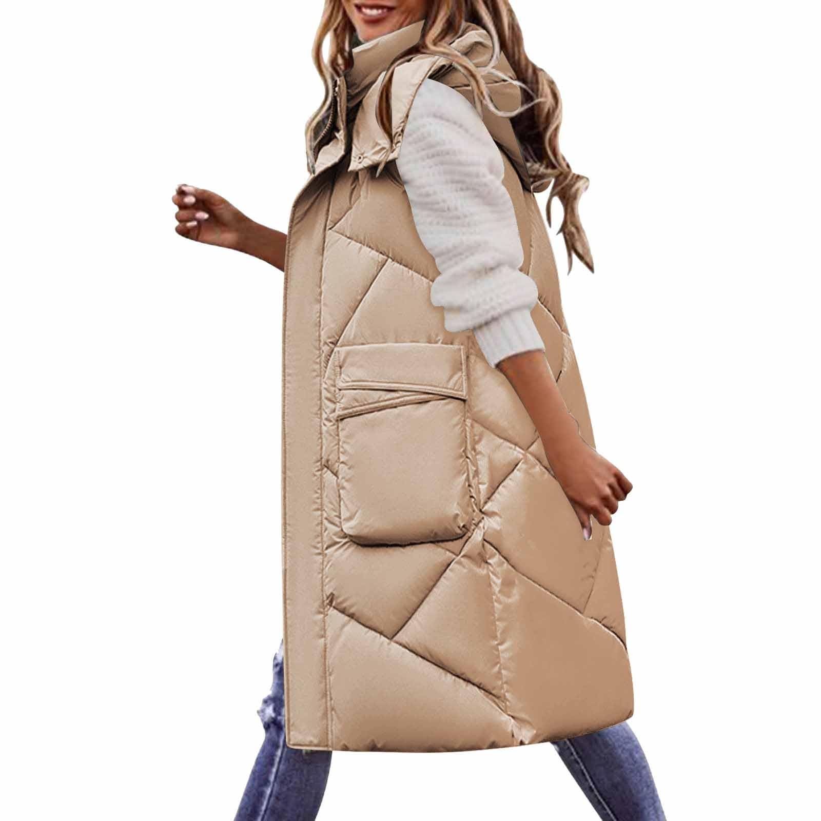 Generisch Chaleco acolchado para mujer, largo y tallas grandes, chaleco de plumón para mujer, ligero, sin mangas, chaleco de invierno, chaleco con capucha extraíble, con bolsillos, chaqueta de algodón