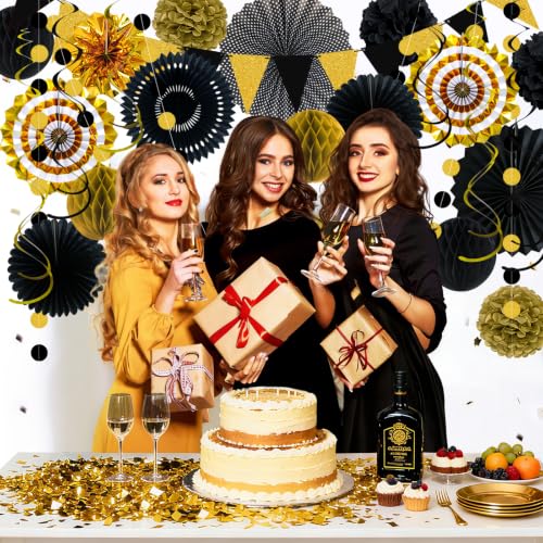 Image of 24 Pcs Black and Gold Party Decorations, Paper Fans Pom Poms Garland Decor
