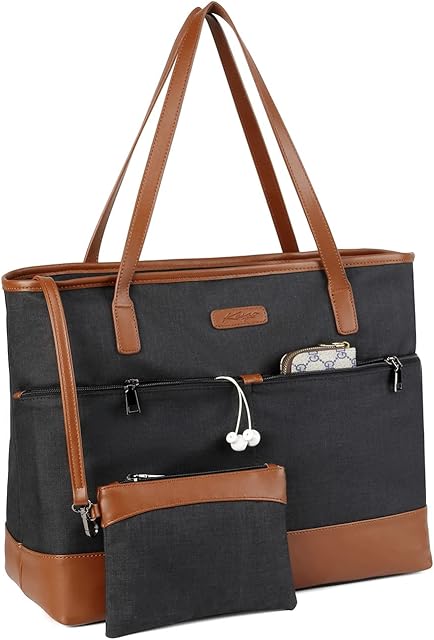 Kasgo Laptop Bag for Women, 15.6 inch Water Resistant Tote Bag Large Handbag Purse Teacher Bag with Luggage Sleeve for Work Travel Shopping Black and Brown