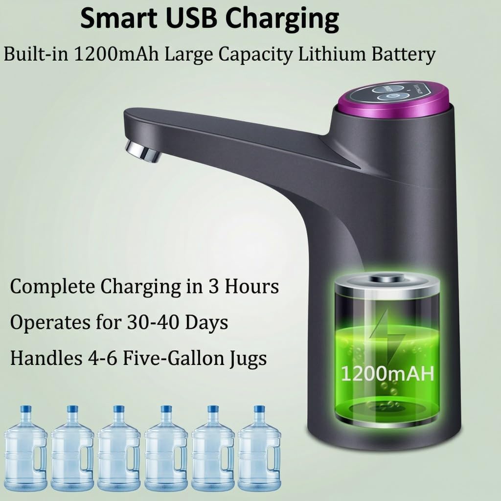 Distributeur d eau portable Pompe à rechargeable de qualité alimentaire sans BPA Silencieuse et étanche Compatible universelle avec les canettes en gallons Idéale pour la maison le camping-car camping