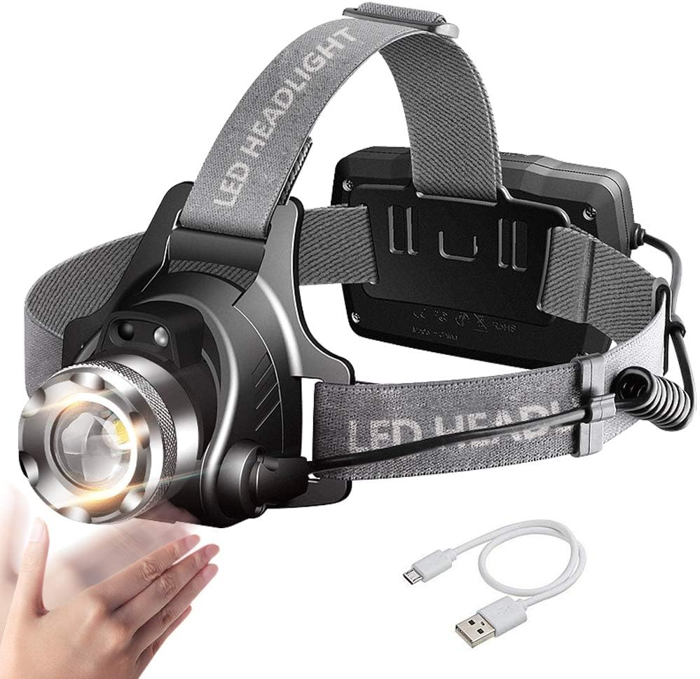 AIWEIYERZoomable LED Head Torch Headlamp, Motion Sensor USB Rechargeable Headlight, Waterproof Helmet Light, 90° Rotatable Adjustable Head Lamp with Red Safety Light for Runners Fishing Cycling