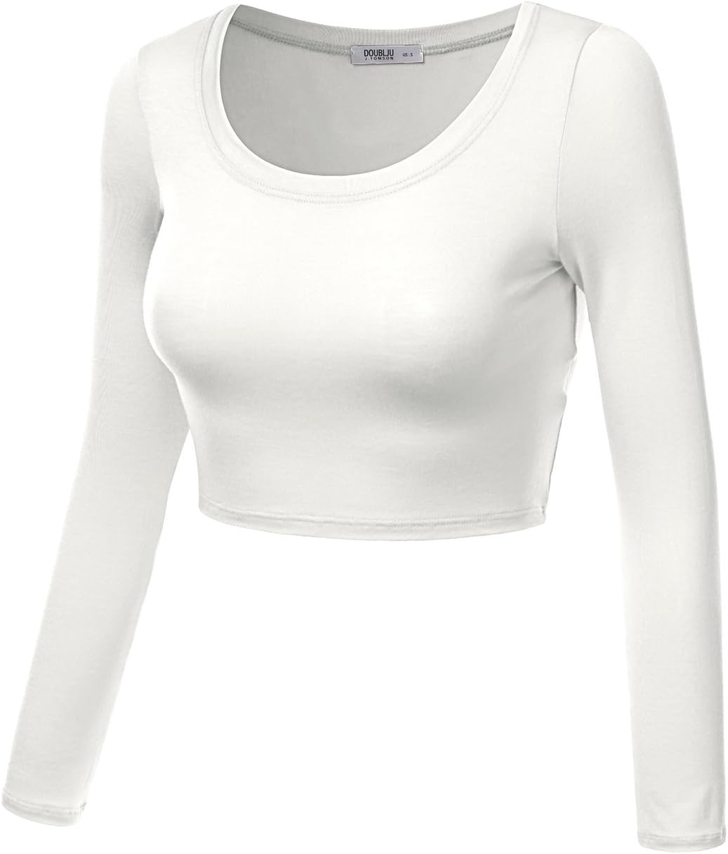 Womens Basic Long Sleeve Round Neck Solid Slim Fit Crop Top Ivory XL