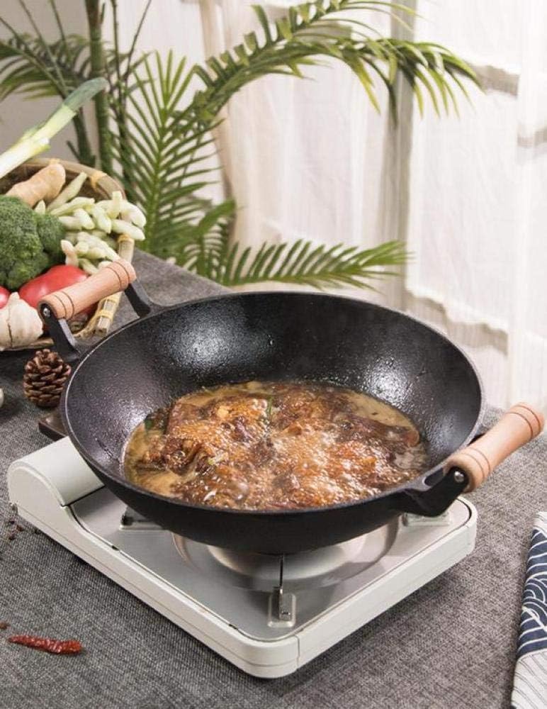 鋳鉄製ダブルイヤーポット - 丸底 伝統的な手作り ノンスティック加工 コーティングなし 鉄製中華鍋 ガス・電磁調理器対応 やけど防