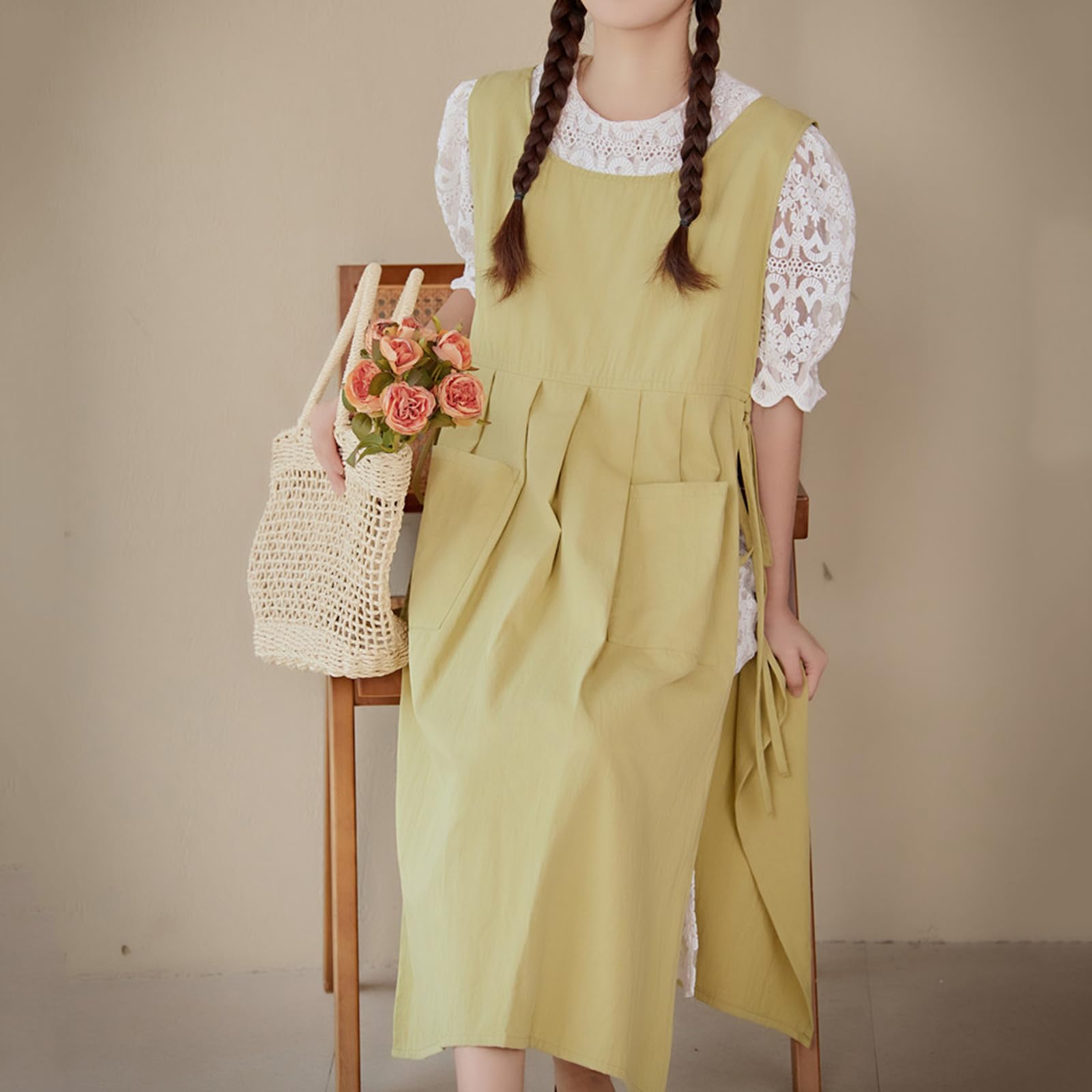Tabliers de Cuisine en Coton pour Femme, avec Poches, idéal pour la Peinture et Le Jardinage, Taille Unique, Bleu (Vert, Taille Unique)