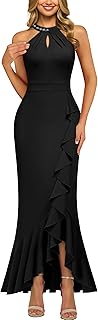 Women's Elegant Halter Rhinestones Neck Ruffle Split Mermaid Evening Cocktail Maxi Dress - Buy now
