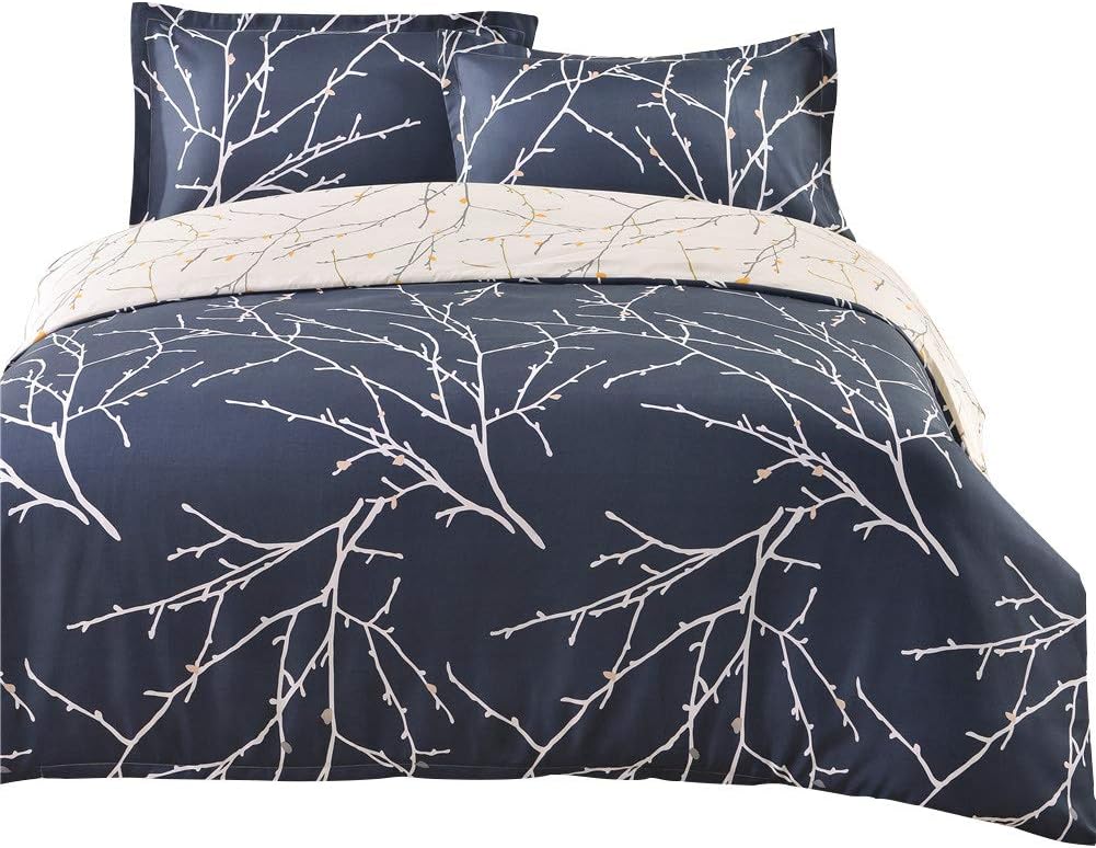 Luofanfei Duvet Cover Set Single Bed Branch and Plum Blue Printed Pattern, 2 Pieces 1 Duvet Cover with Zipper Closure + 1 Pillow Sham 120 GSM Ultra Soft Hypoallergenic Microfiber