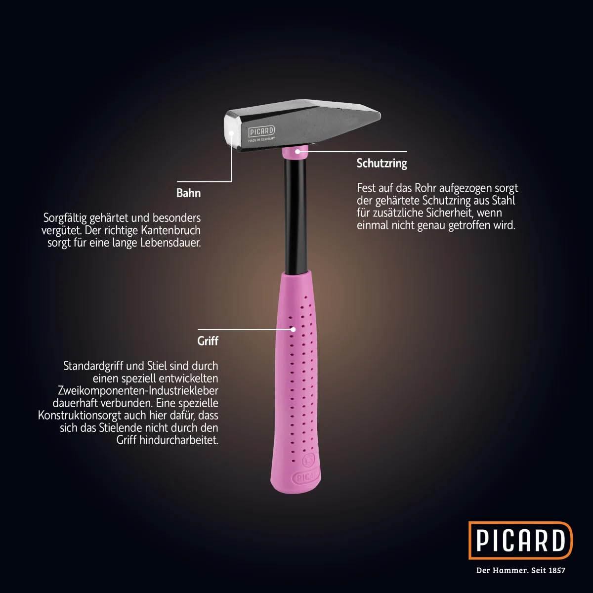 PICARD Schlosserhammer 300g RS Pink Edition | Montage-Hammer 300g Kopf mit 1 Komponenten-Griff & C45 Stahlrohrstiel | Hammer klein | DIN 1041 & VPA/GS Geprüft | Handwerkzeuge für Bau & Industrie