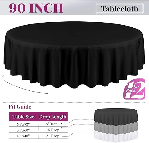 Miniatura 2 de fani Paquete de 12 manteles redondos de 90 pulgadas, mantel de tela de poliéster negro para mesa redonda, mantel lavable para bodas, fiestas, mesa