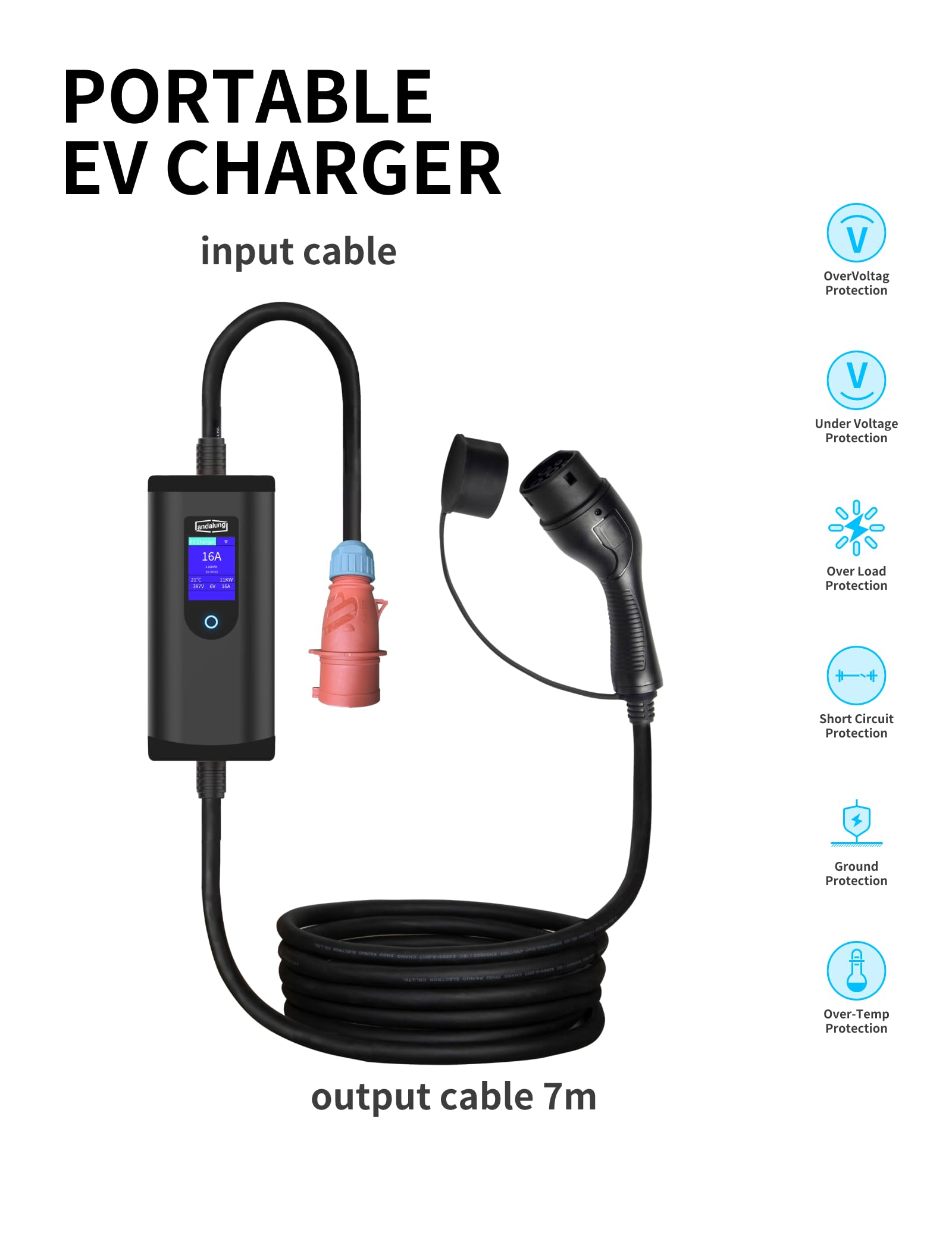 Przenośna ładowarka EV, 11 kW, 3-fazowa, 6-16 A, z regulowanym prądem, sterowaniem za pomocą aplikacji, kable, ochrona IP65, kompatybilna ze wszystkimi pojazdami PHEV/EV, WiFi, Bluetooth